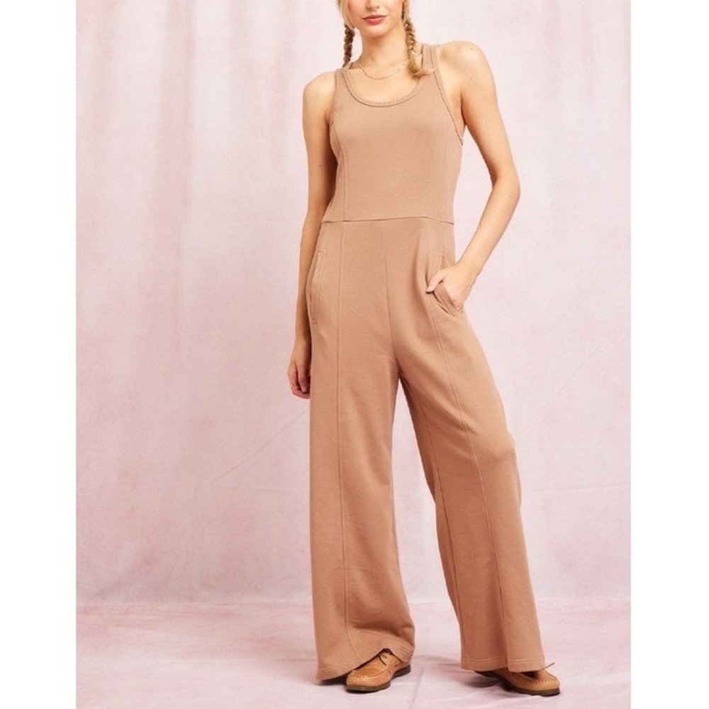 J256. Latte Sleeveless Wide-Leg Jumpsuit